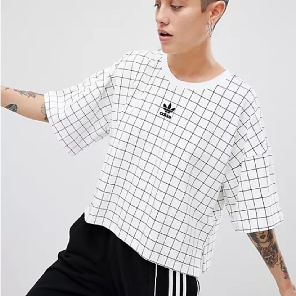 SOLD Adidas Originals white/black grid oversized drop shoulders t-shirt large - Picture 1 of 9